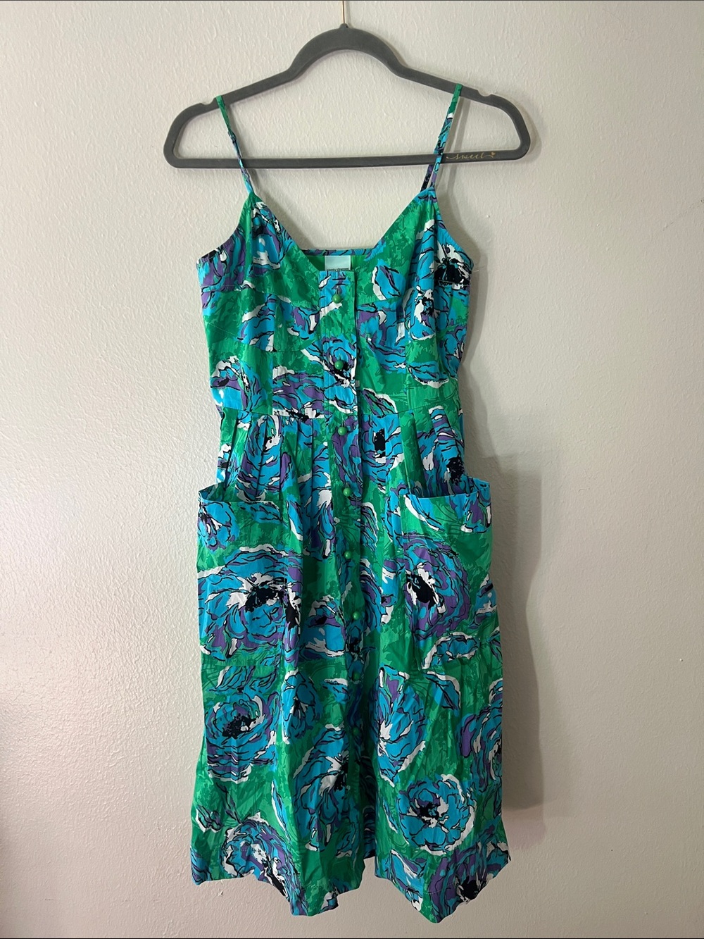 Plenty by Tracy Reese Green Blue Purple Floral Cotton Midi SunDress Size 8